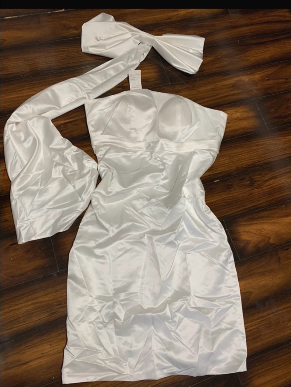 Strapless White Satin Cocktail wedding Dress with Removable Bow